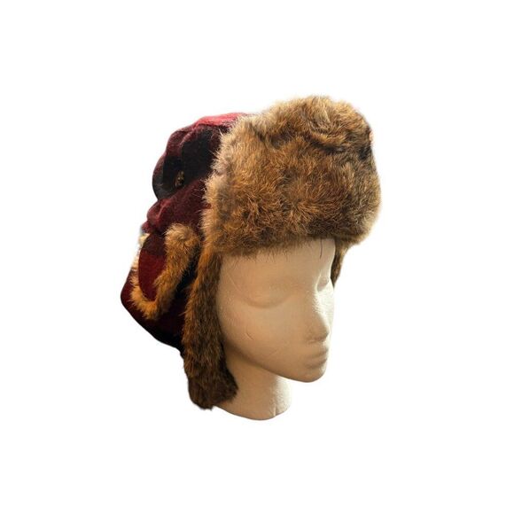 Vintage Red & Black Plaid Trapper Hat With rabbit  Fur Lining - Picture 4 of 8